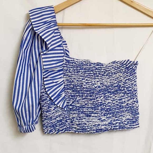 ZARA Blue White Nautical Stripe Shirred Puff Sleeve One Shoulder Crop Top NWT - Picture 5 of 8